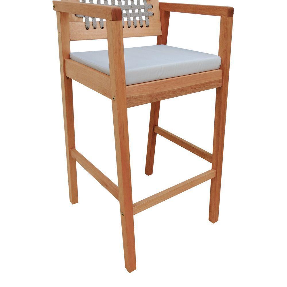 Banqueta Alta Garden Madeira Maciça Assento Estofado Encosto Trançado Corda - Natural Acquablock Bege - 3