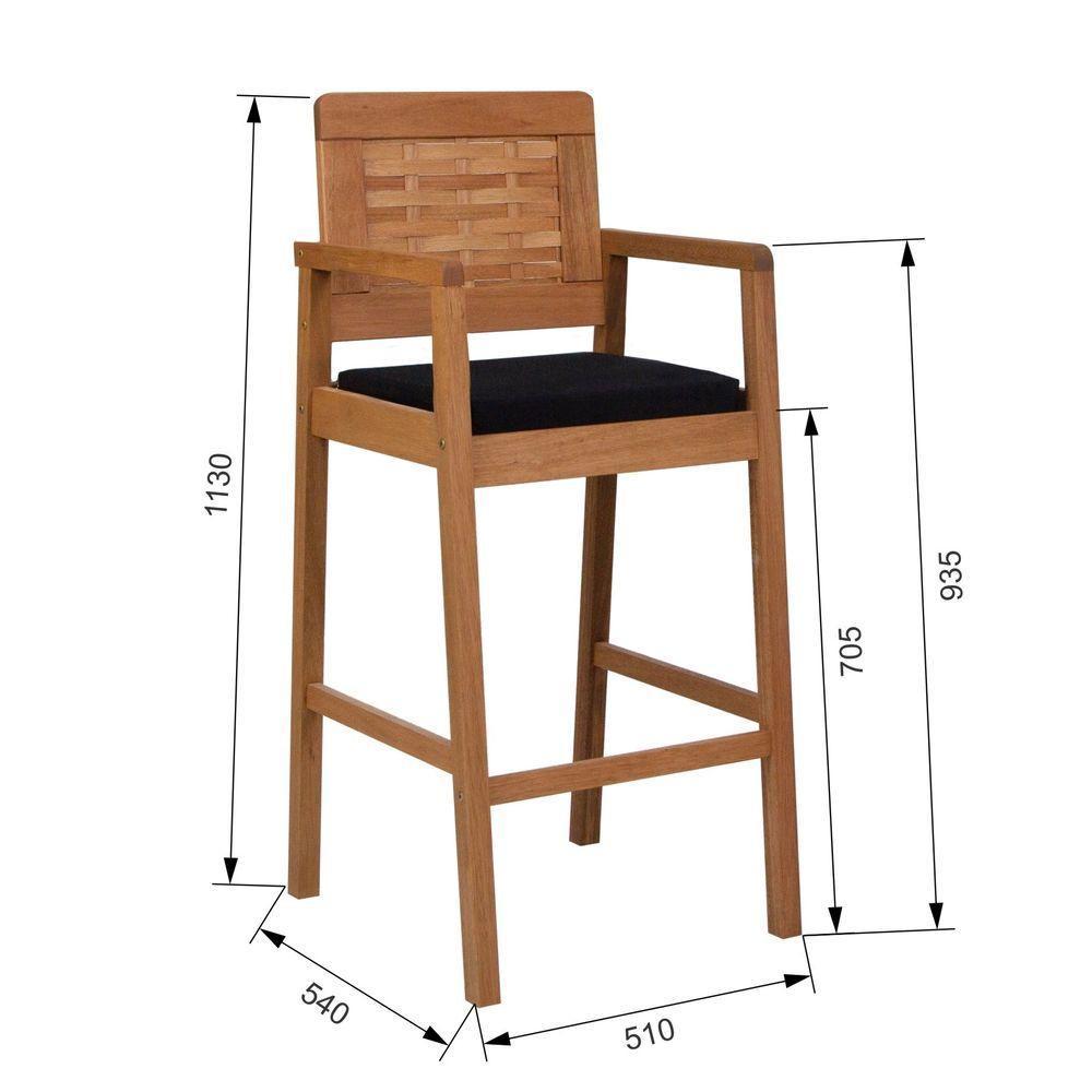 Banqueta Alta Garden Madeira Maciça Assento Estofado Encosto Trançado Madeira - Natural Acquablock Preto - 2