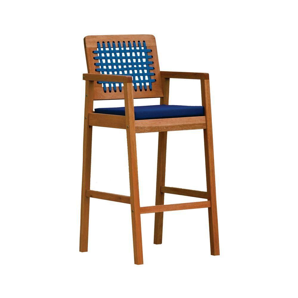 Banqueta Alta Garden Madeira Maciça Assento Estofado Encosto Trançado Corda - Natural Acquablock Azul - 1