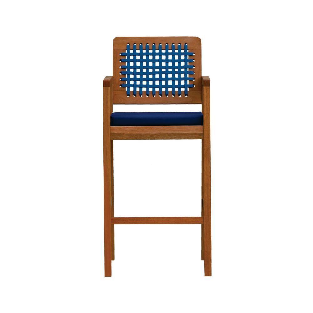 Banqueta Alta Garden Madeira Maciça Assento Estofado Encosto Trançado Corda - Natural Acquablock Azul - 2