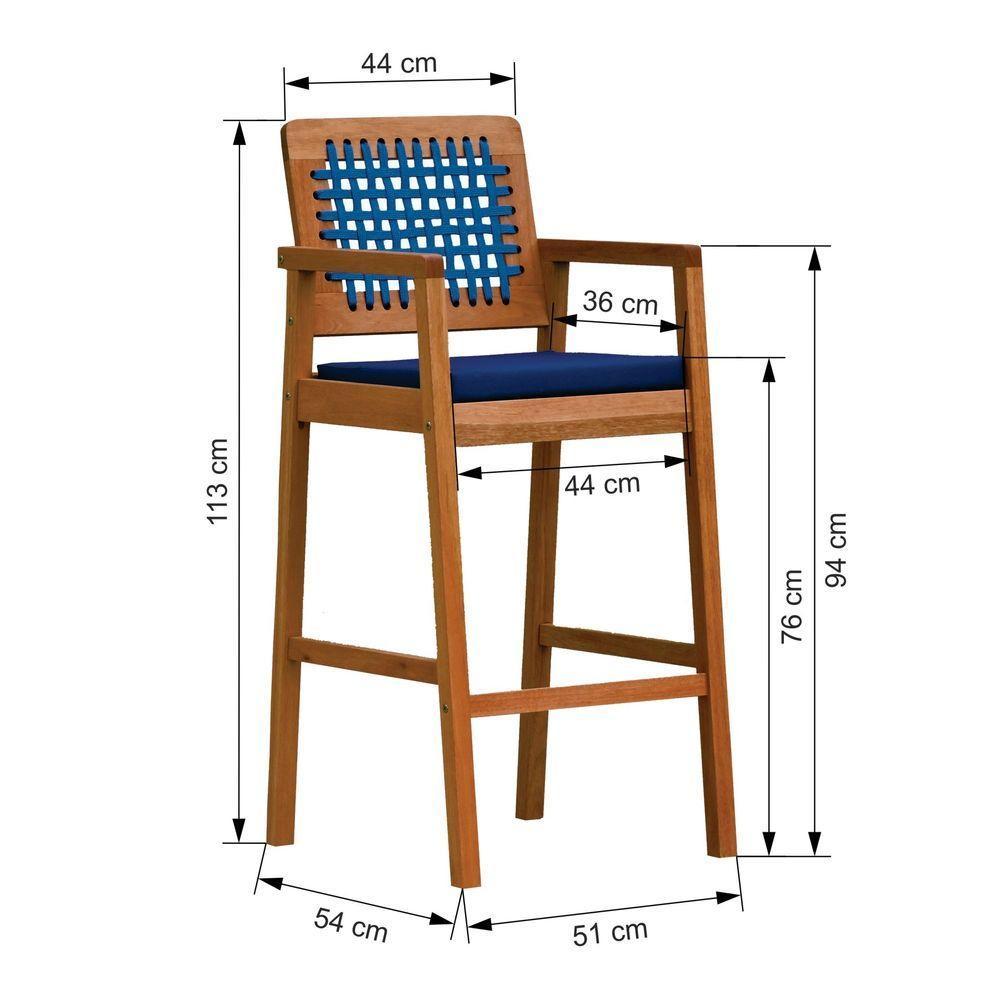 Banqueta Alta Garden Madeira Maciça Assento Estofado Encosto Trançado Corda - Natural Acquablock Azul - 4