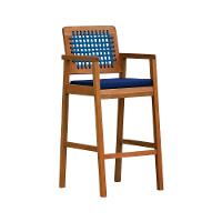 Banqueta Alta Garden Madeira Maciça Assento Estofado Encosto Trançado Corda - Natural Acquablock Azul - 1