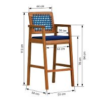 Banqueta Alta Garden Madeira Maciça Assento Estofado Encosto Trançado Corda - Natural Acquablock Azul