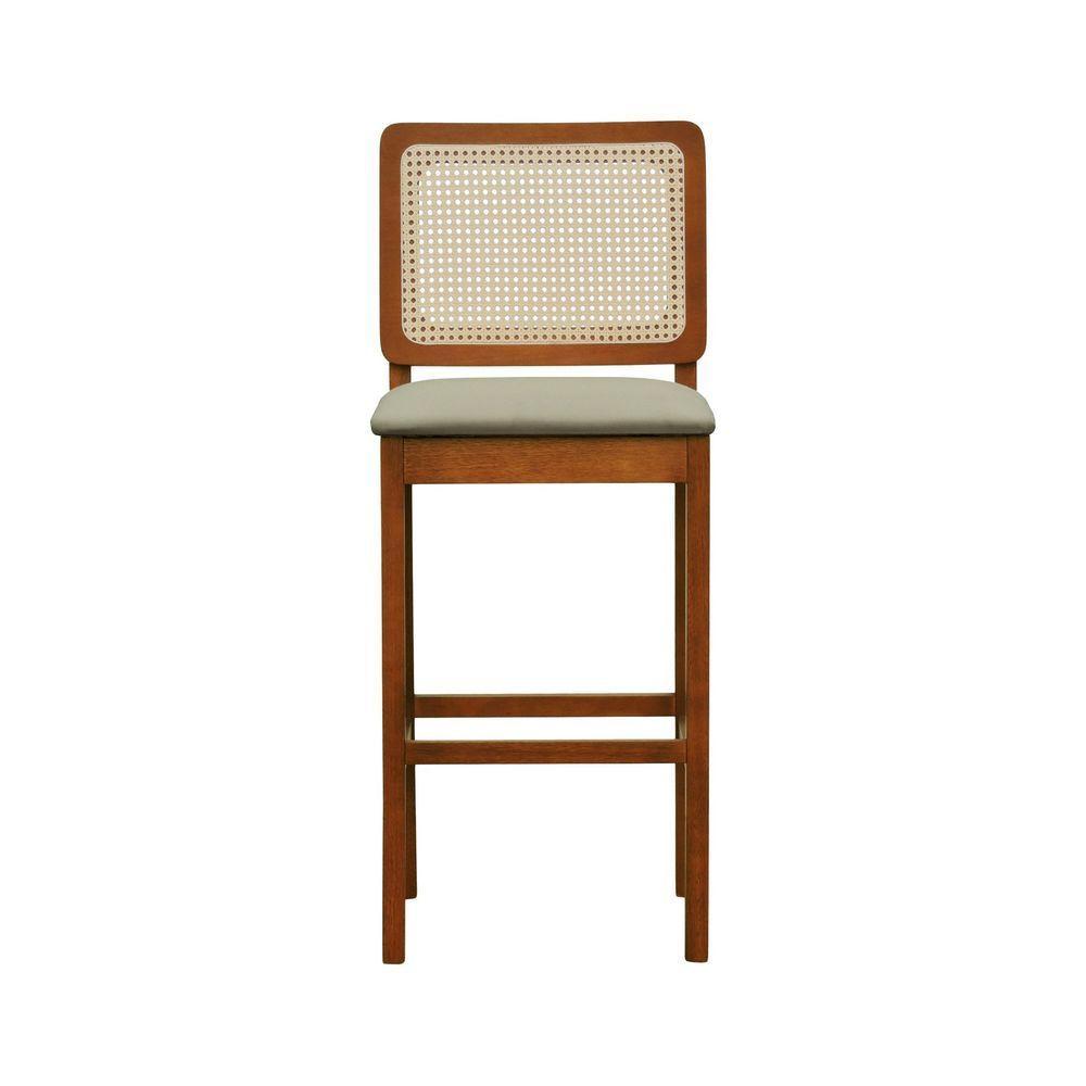 Banqueta Alta Bistrô Lyon Encosto Telinha Natural Madeira Maciça Assento Estofado - Amêndoa Linho Bege - 4