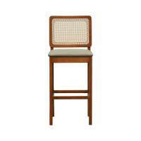 Banqueta Alta Bistrô Lyon Encosto Telinha Natural Madeira Maciça Assento Estofado - Amêndoa Linho Bege