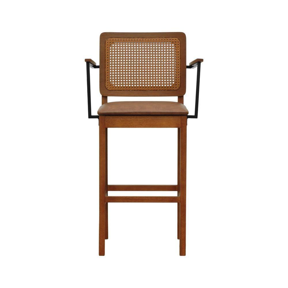 Banqueta Alta Bistrô Lyon Telinha Amêndoa Madeira Maciça C-braço - Amêndoa Assento Estofado Corano Marrom Mescla - 3