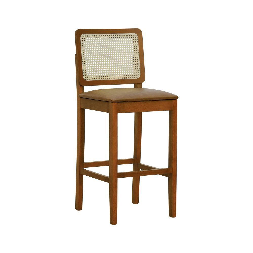 Banqueta Alta Bistrô Lyon Encosto Telinha Natural Madeira Maciça Assento Estofado - Amêndoa Corano Marrom Mescla - 1