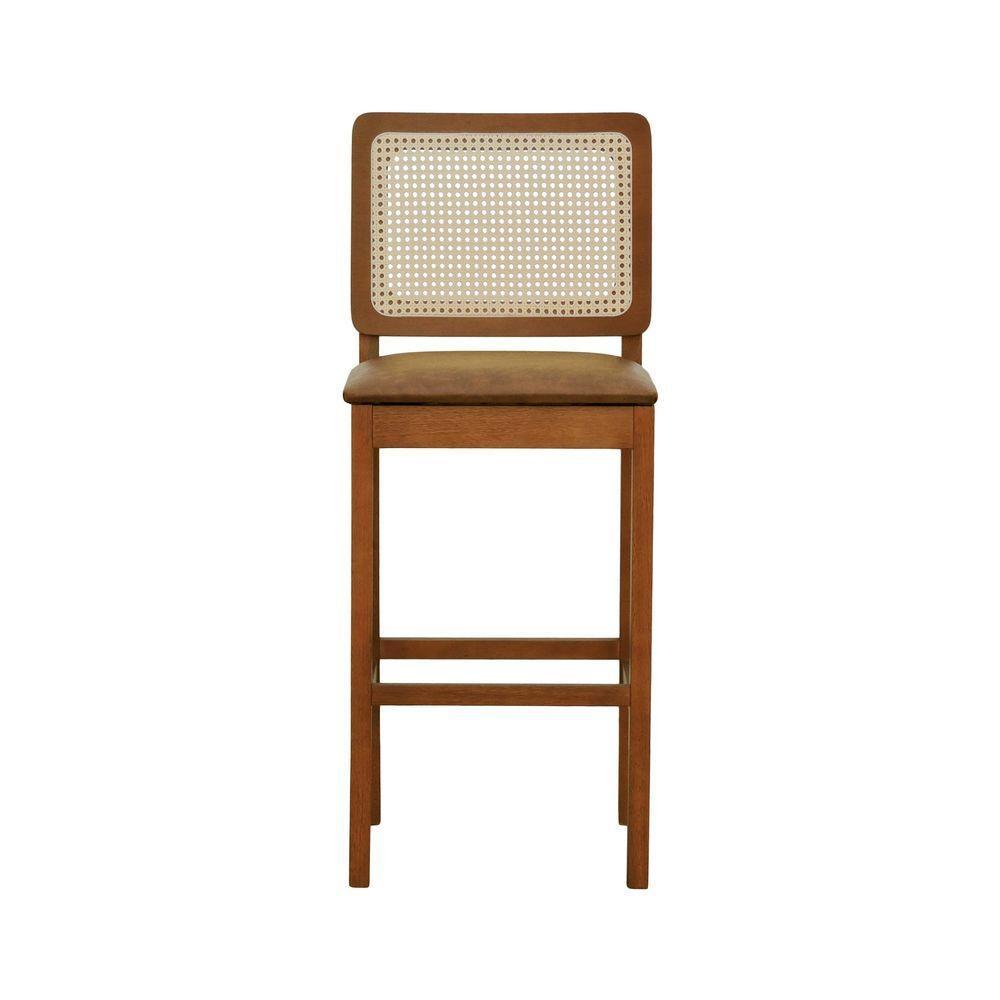 Banqueta Alta Bistrô Lyon Encosto Telinha Natural Madeira Maciça Assento Estofado - Amêndoa Corano Marrom Mescla - 5