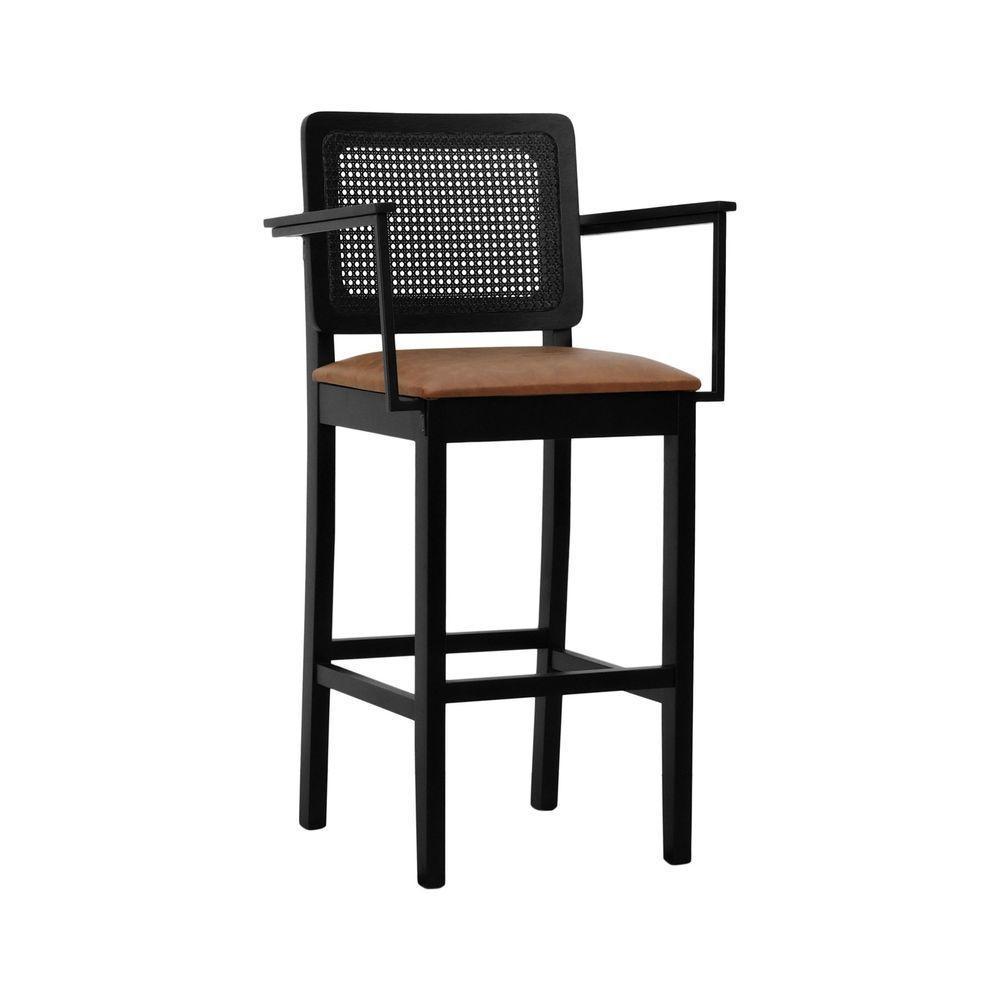 Banqueta Alta Bistrô Lyon Telinha Madeira Maciça C-braço - Preto Assento Estofado Corano Marrom Mescla - 1