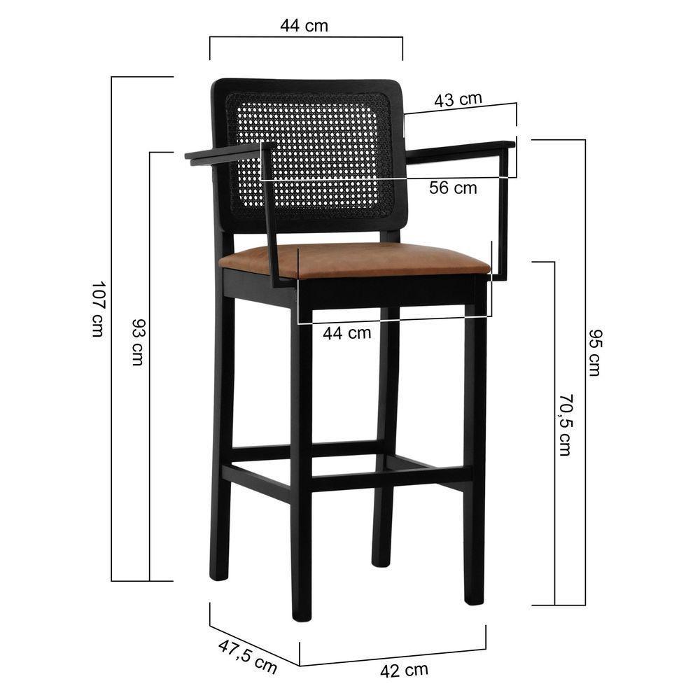 Banqueta Alta Bistrô Lyon Telinha Madeira Maciça C-braço - Preto Assento Estofado Corano Marrom Mescla - 5