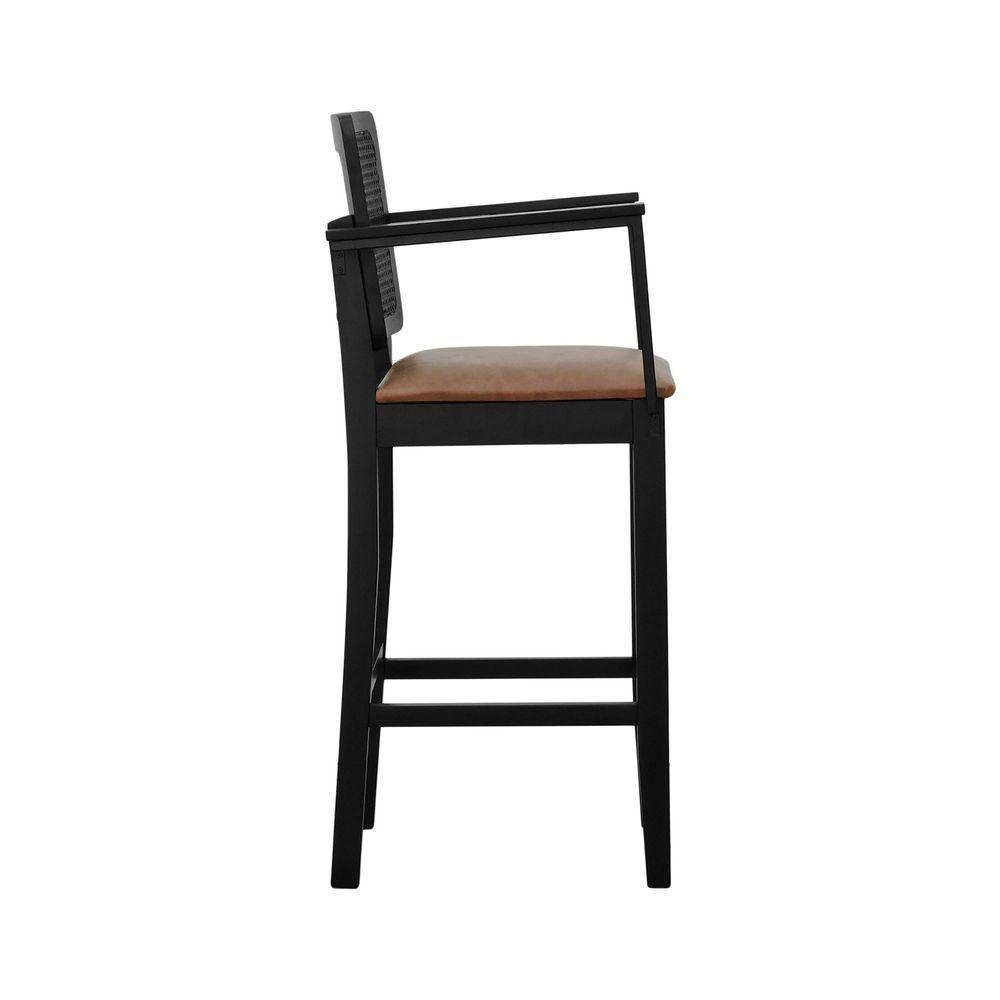 Banqueta Alta Bistrô Lyon Telinha Madeira Maciça C-braço - Preto Assento Estofado Corano Marrom Mescla - 6