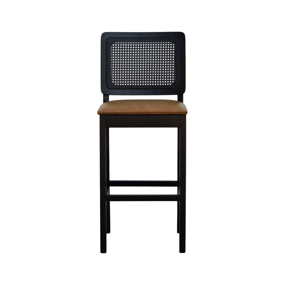 Banqueta Alta Bistrô Madeira Maciça Lyon Assento Estofado Encosto Telinha - Preto Corano Marrom Mescla - 3