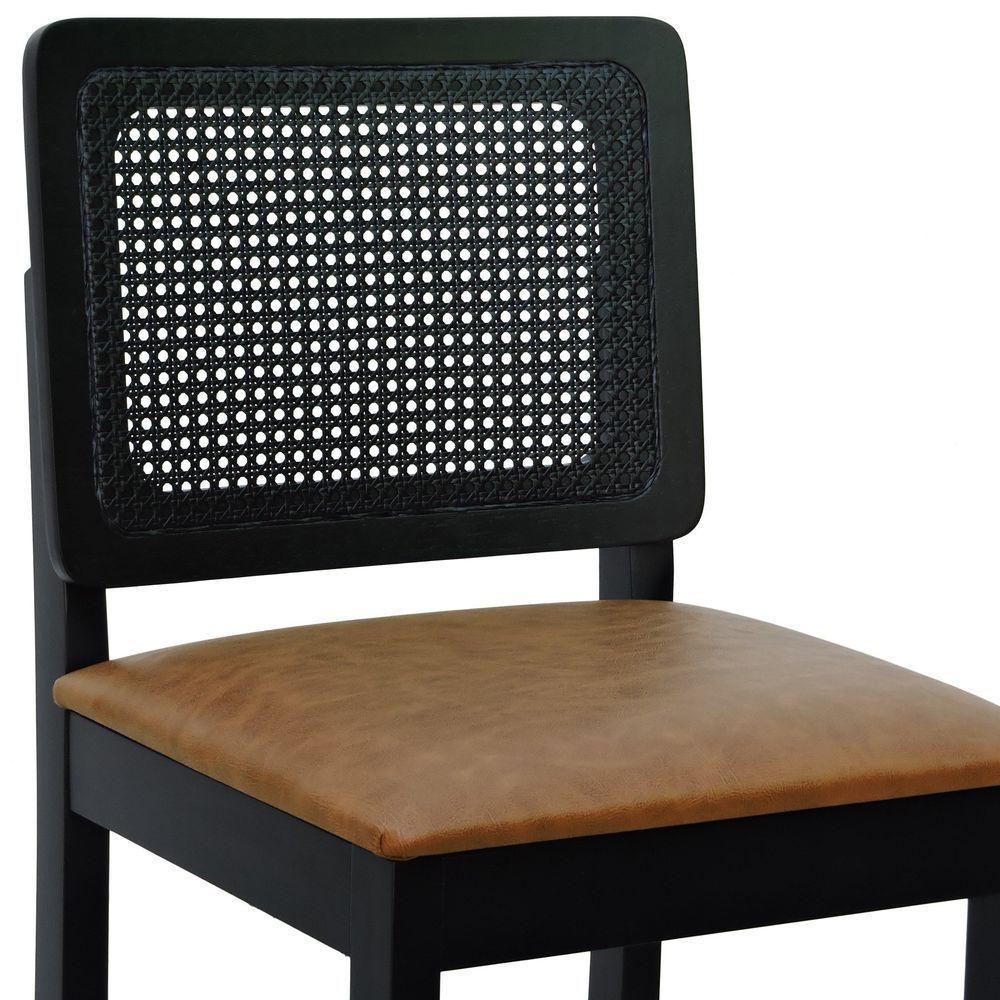 Banqueta Alta Bistrô Madeira Maciça Lyon Assento Estofado Encosto Telinha - Preto Corano Marrom Mescla - 5