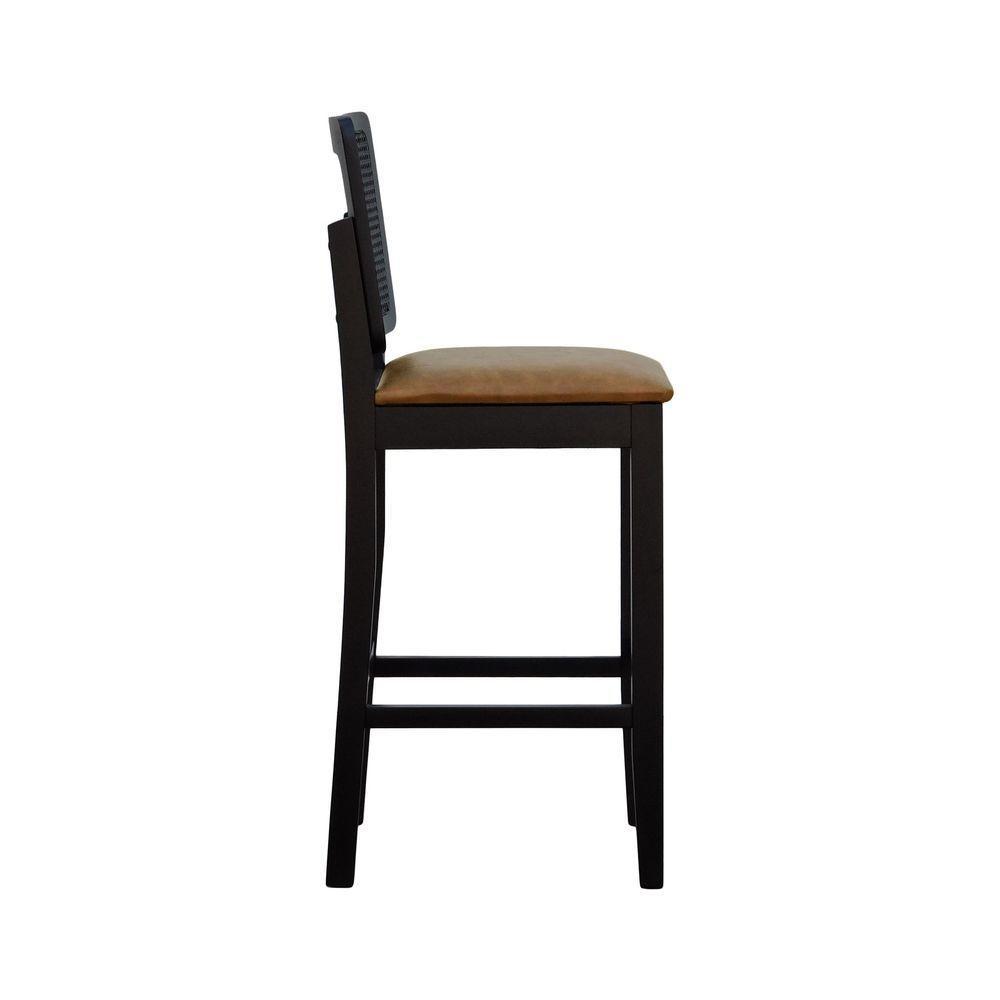 Banqueta Alta Bistrô Madeira Maciça Lyon Assento Estofado Encosto Telinha - Preto Corano Marrom Mescla - 7