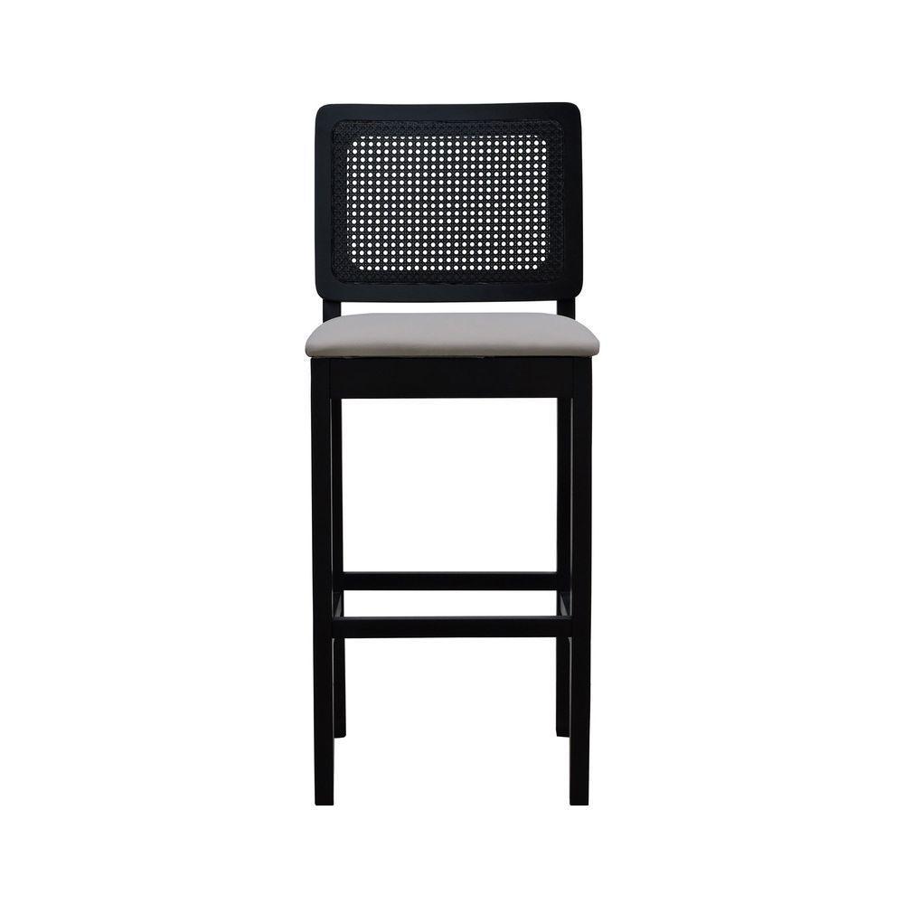 Banqueta Alta Bistrô Madeira Maciça Lyon Assento Estofado Encosto Telinha - Preto Linho Bege - 3