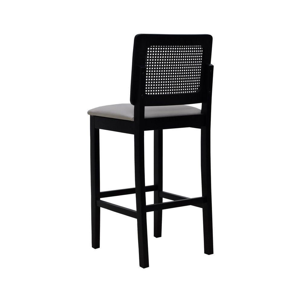 Banqueta Alta Bistrô Madeira Maciça Lyon Assento Estofado Encosto Telinha - Preto Linho Bege - 6