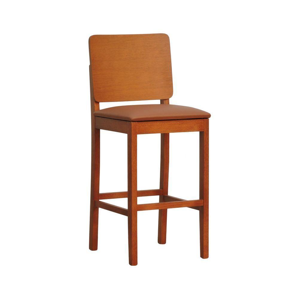 Banqueta Alta Bistrô Quéops Madeira Maciça Encosto Anatômico - Amêndoa Assento Estofado Corano Caramelo - 1