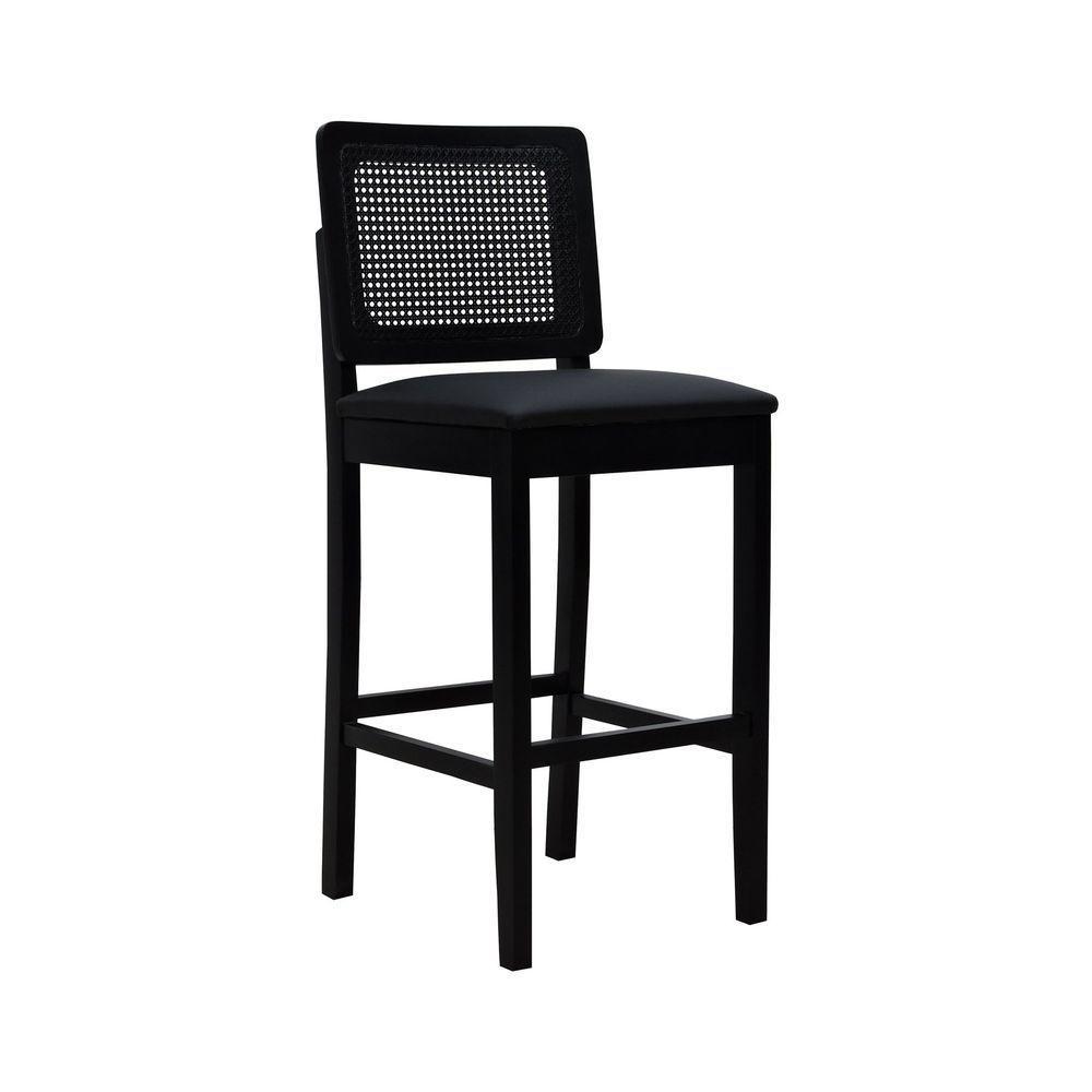 Banqueta Alta Bistrô Madeira Maciça Lyon Assento Estofado Encosto Telinha - Preto Corano Preto - 1