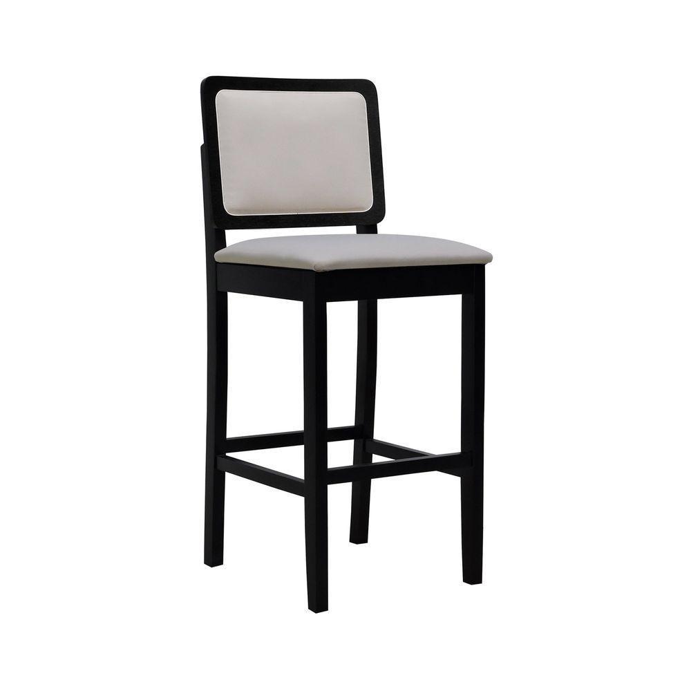 Banqueta Alta Bistrô Puffer Madeira Maciça Encosto E Assento Estofado - Preto Assento Estofado Linho Bege - 1