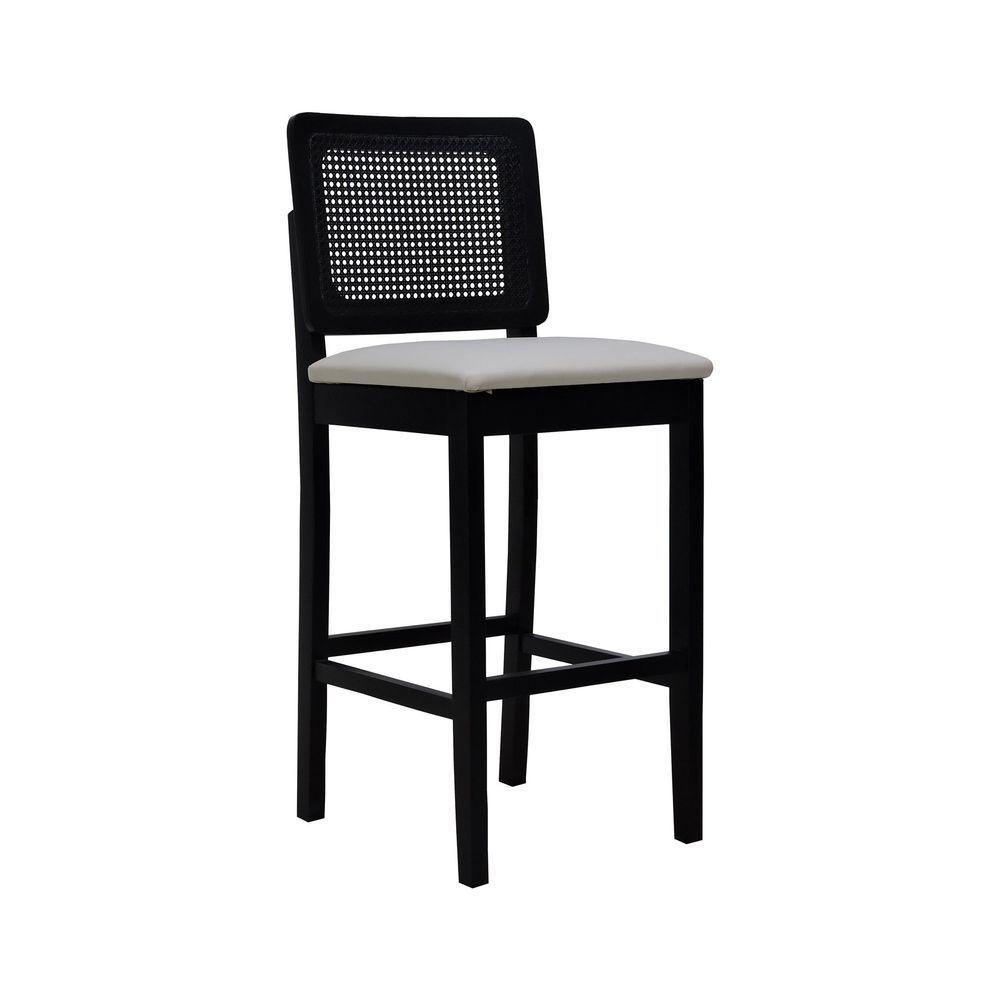 Banqueta Alta Bistrô Madeira Maciça Lyon Assento Estofado Encosto Telinha - Preto Corano Bege - 1