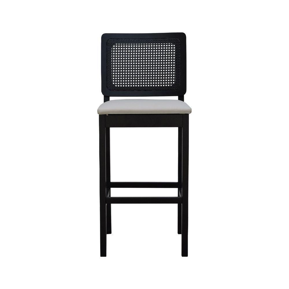 Banqueta Alta Bistrô Madeira Maciça Lyon Assento Estofado Encosto Telinha - Preto Corano Bege - 6