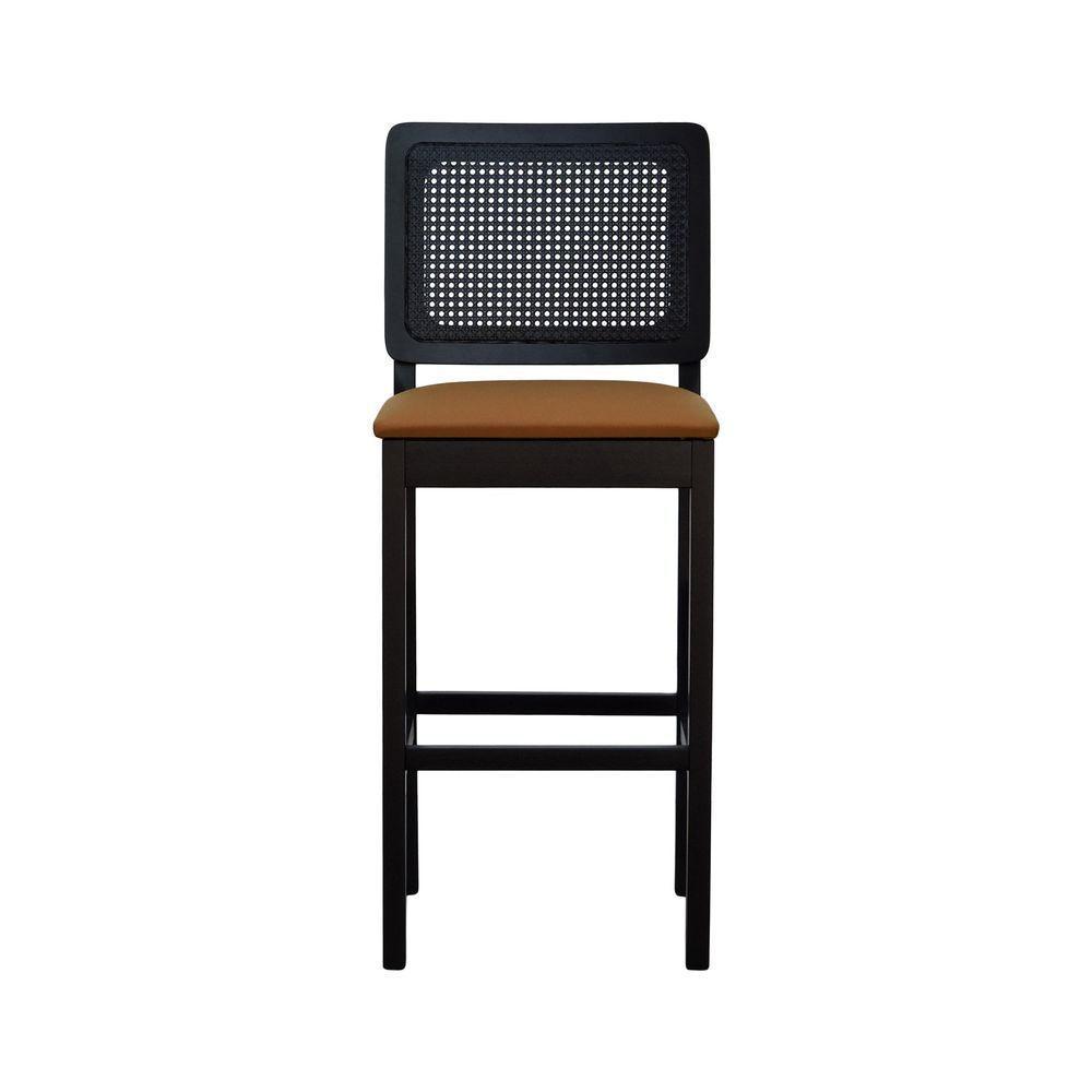 Banqueta Alta Bistrô Madeira Maciça Lyon Assento Estofado Encosto Telinha - Preto Corano Caramelo - 2