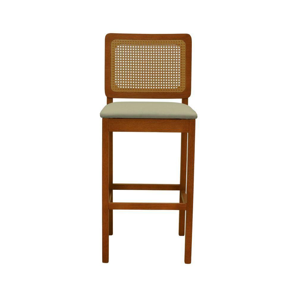 Banqueta Alta Bistrô Lyon Encosto Telinha Amêndoa Madeira Maciça Assento Estofado - Amêndoa Linho Bege - 5