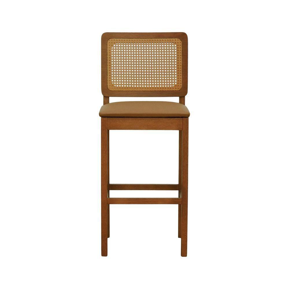 Banqueta Alta Bistrô Lyon Encosto Telinha Amêndoa Madeira Maciça Assento Estofado - Amêndoa Corano Caramelo - 5