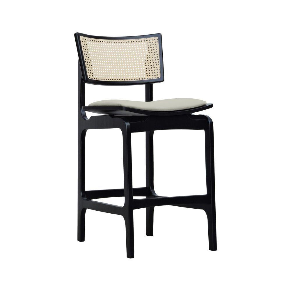 Banqueta Alta Bistrô Apollo Encosto Telinha Natural E Assento Anatômico - Preto Estofado Linho Bege - 1