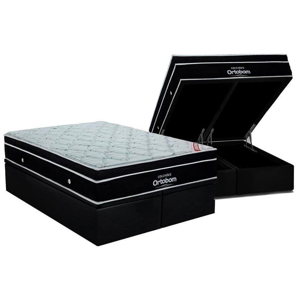 Cama Box Baú King: Colchão Molas Ortobom Superpocket ElegantBase Suede Black(186x198) - 1