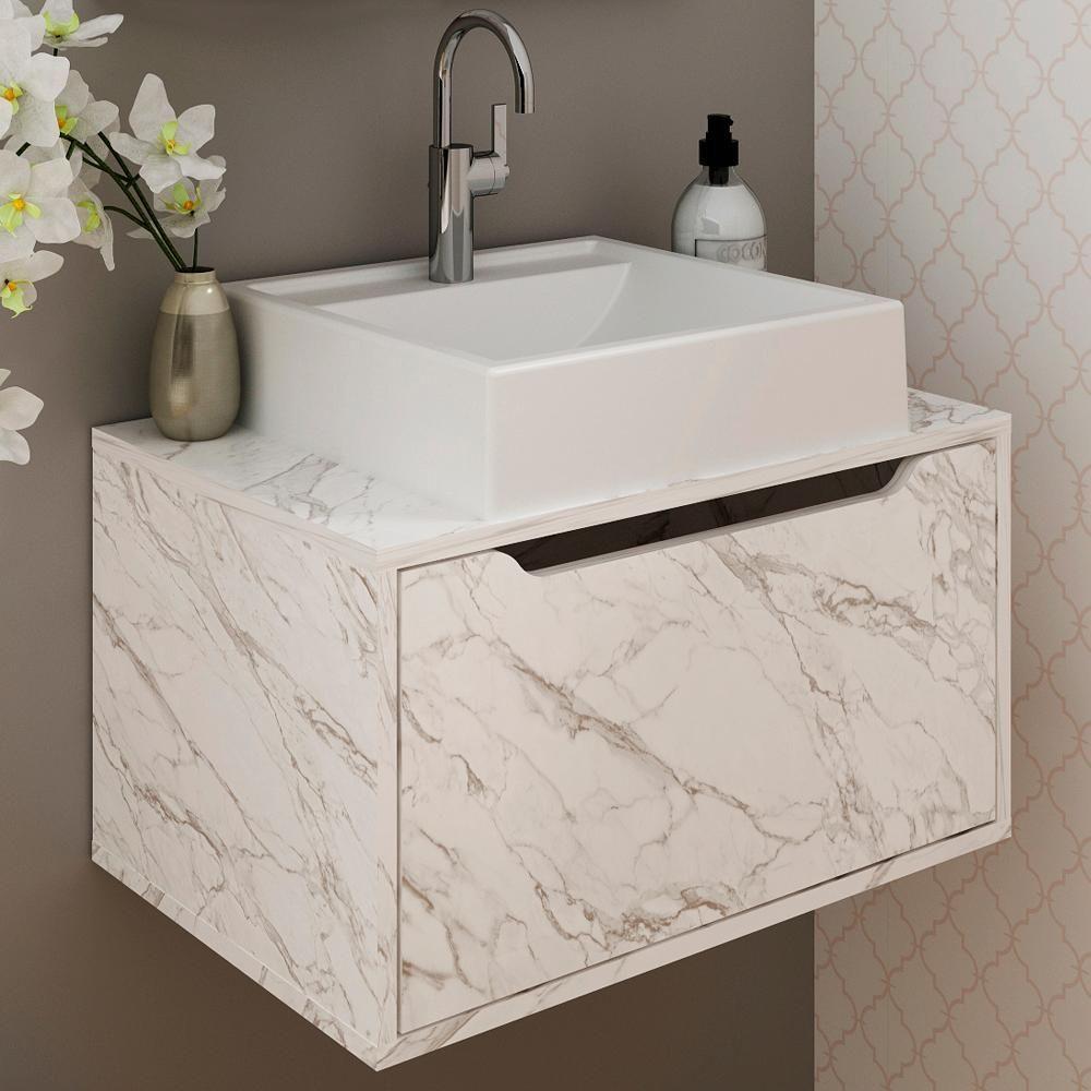Gabinete Com Cuba Para Banheiro Bn3630x46 Marmore Branco Tecno Mobili Marmore Branco - 2