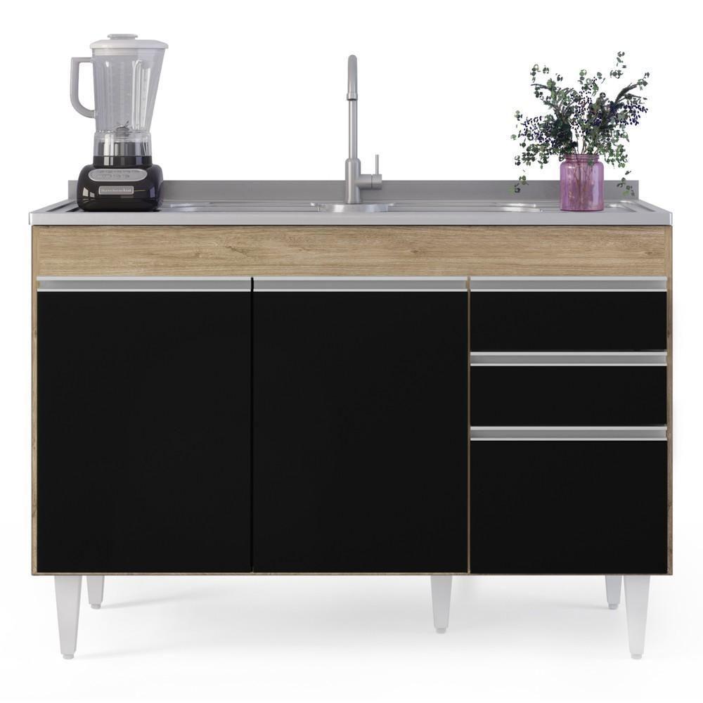 Balcão Gabinete Para Pia 120cm Sem Tampo 3 Portas 2 Gavetas Michigan Castanho/preto - Lumil - 2