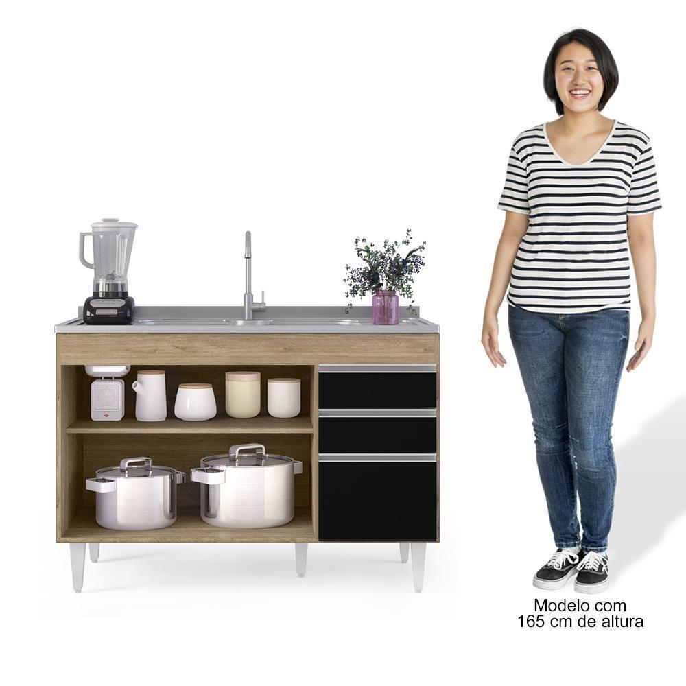 Balcão Gabinete Para Pia 120cm Sem Tampo 3 Portas 2 Gavetas Michigan Castanho/preto - Lumil - 4