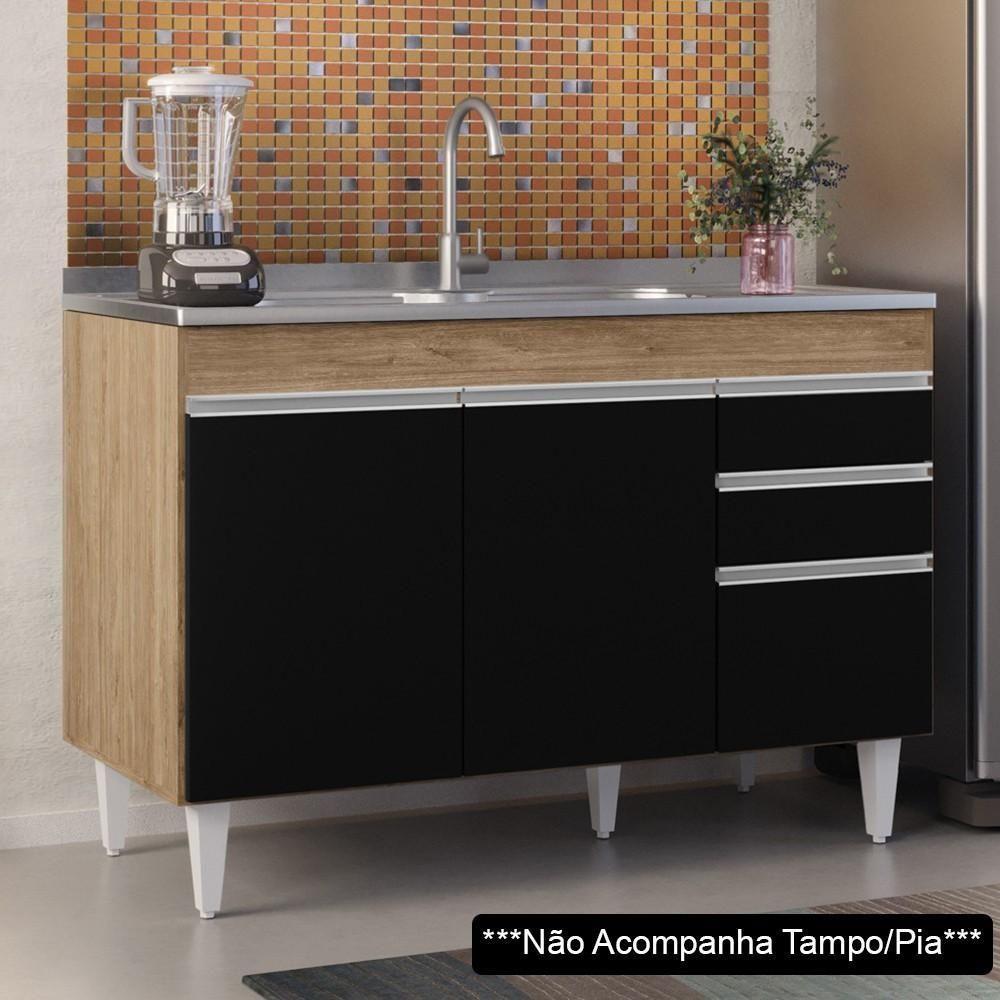 Balcão Gabinete Para Pia 120cm Sem Tampo 3 Portas 2 Gavetas Michigan Castanho/preto - Lumil - 7