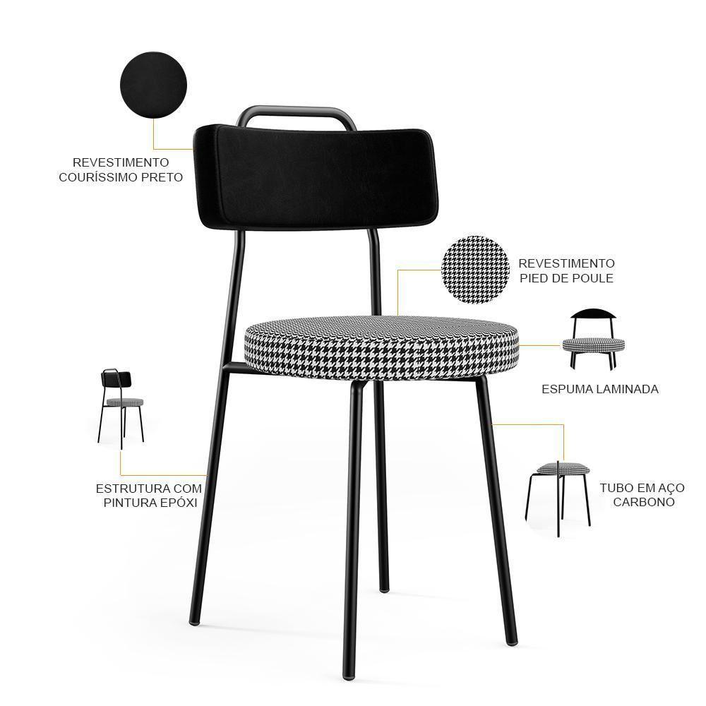 Kit 06 Cadeiras Para Cozinha Sala De Jantar Barcelona L02 Couríssimo Preto Pied Poule - Lyam Decor - 6