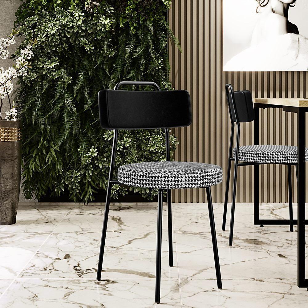 Kit 06 Cadeiras Para Cozinha Sala De Jantar Barcelona L02 Couríssimo Preto Pied Poule - Lyam Decor - 8