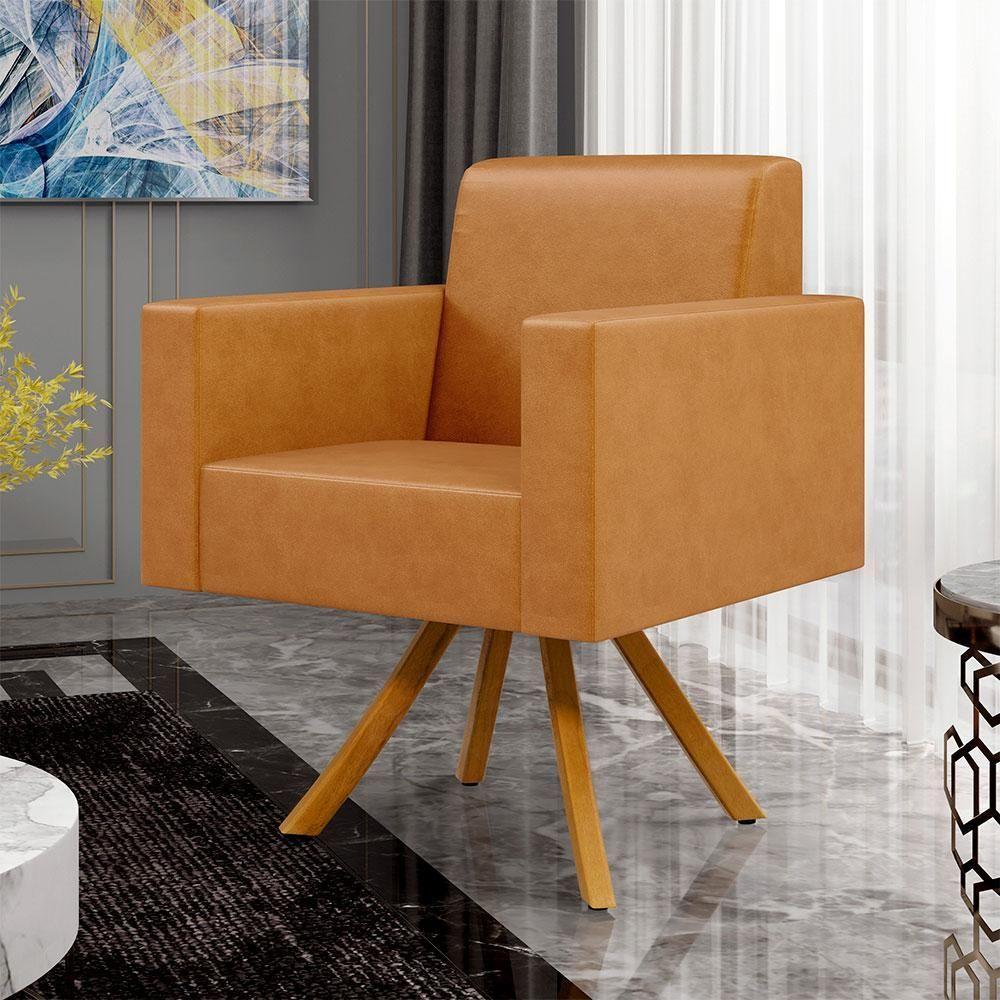 Kit 04 Poltronas Base Giratória De Madeira Couríssimo Whisky - 8