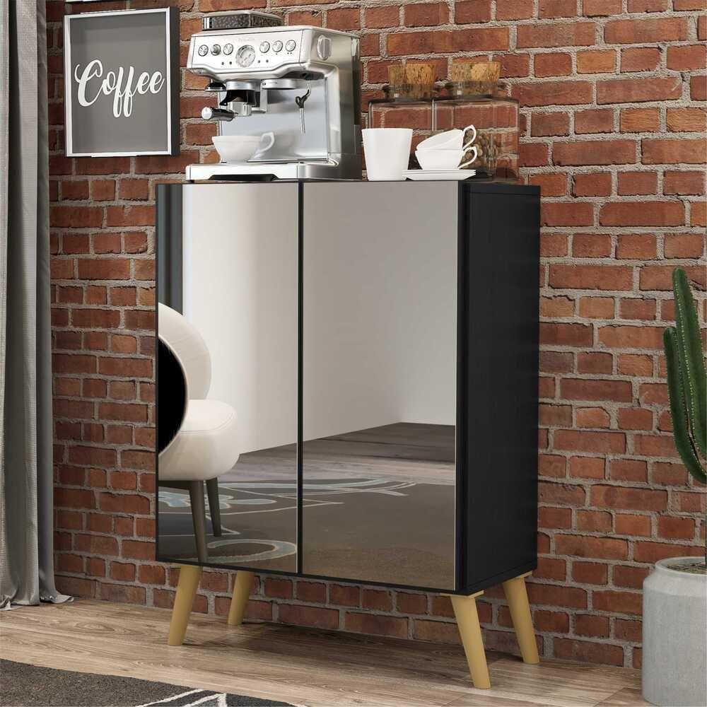 Aparador Buffet 4 Portas Com Espelho Retrô Vegas V3559 Preto/Natural Preto/Natural - 4