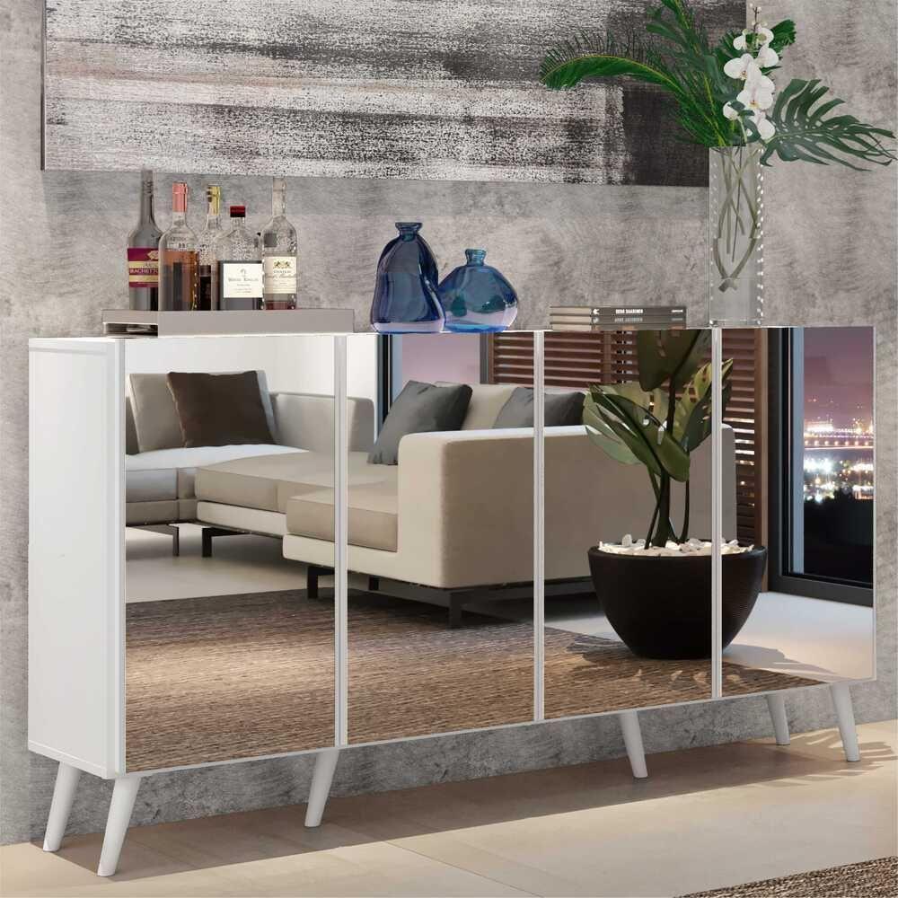 Aparador Buffet 4 Portas Com Espelho Retrô Vegas V3559 Branco Branco - 8