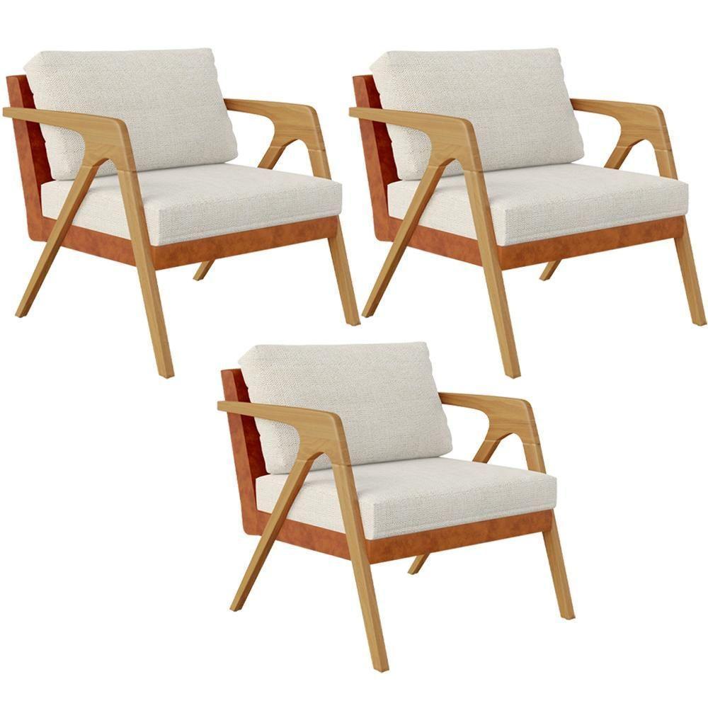 Kit 03 Poltronas Sala L02 Couríssimo Camel Linho Champagne - 1