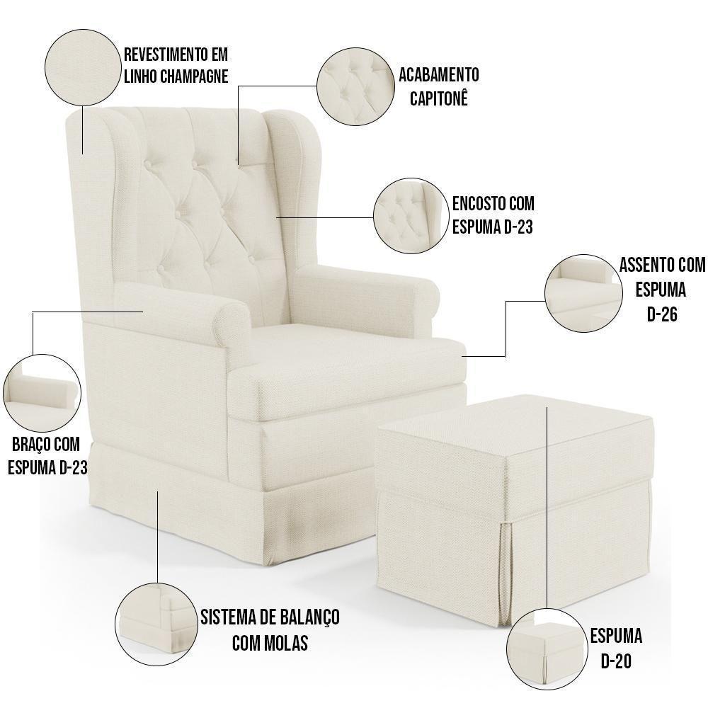 Poltrona E Puff Helena P02 Capitonê Linho Champagne - 6