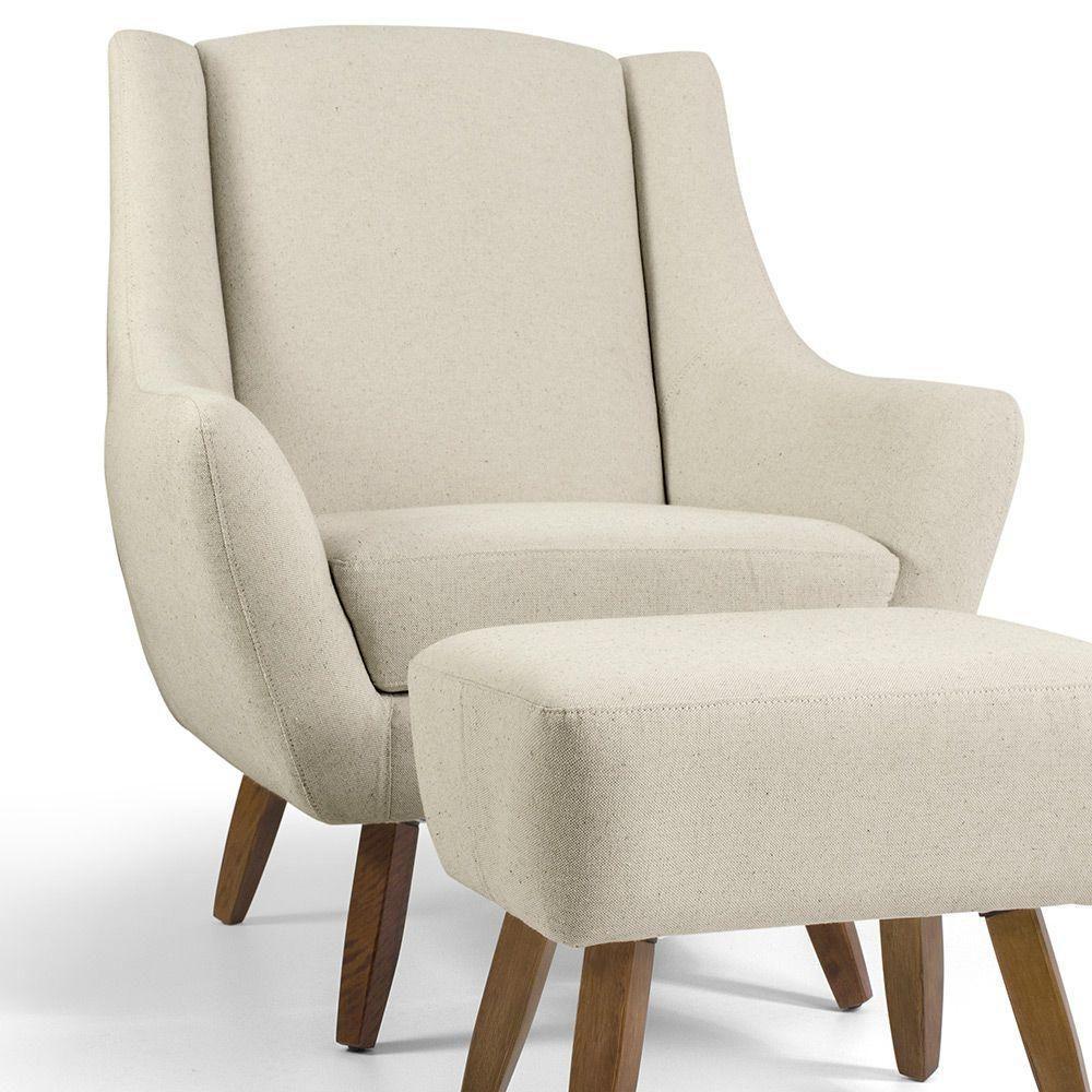 Poltrona Fixa Com Puff Pés De Madeira Algodão Bege C-370 - 1