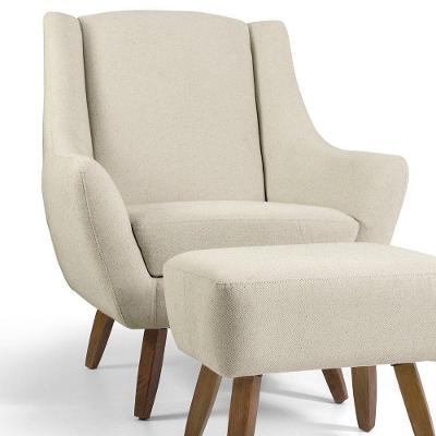 Poltrona Fixa Com Puff Pés De Madeira Algodão Bege C-370