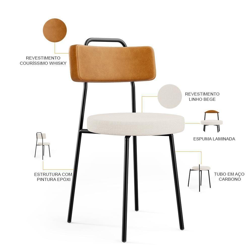 Kit 02 Cadeiras Para Cozinha Sala De Jantar Barcelona L02 Couríssimo Whisky Linho Bege - Lyam Decor - 6