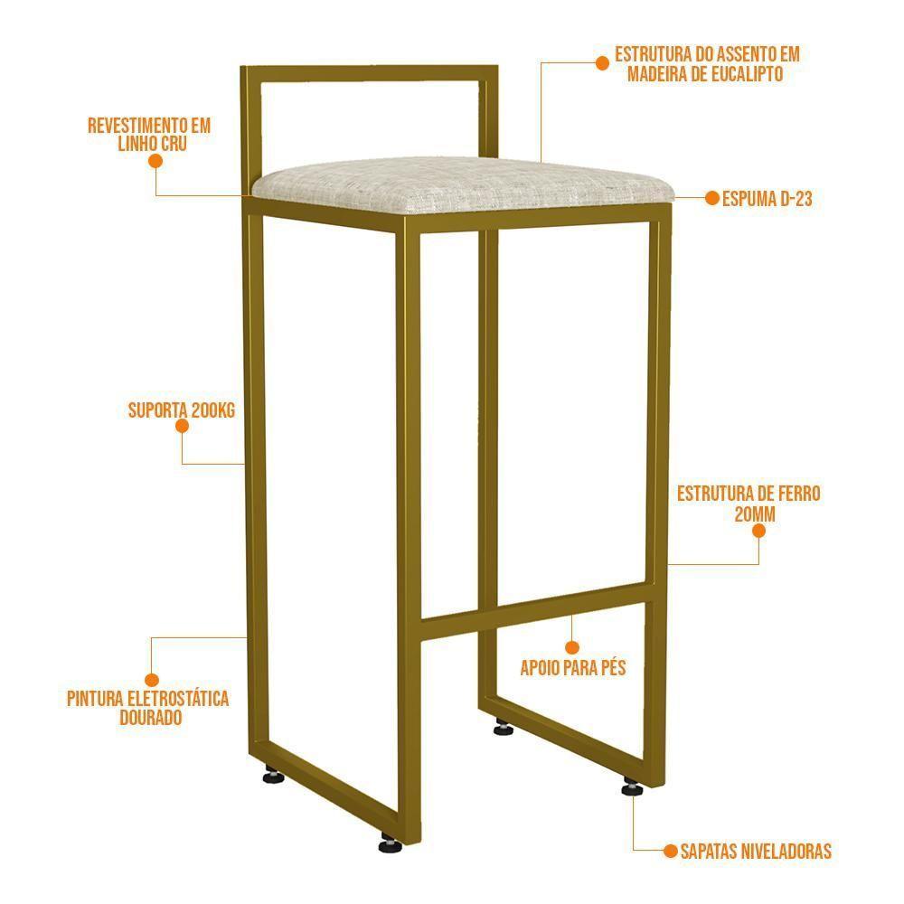 Kit 03 Banquetas Alta Hanna Dourado Linho Cru - 7