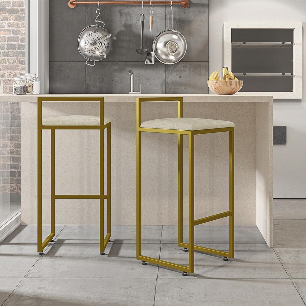 Kit 03 Banquetas Alta Hanna Dourado Linho Cru - 9