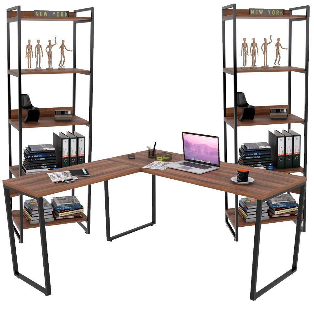 Kit Mesa Para Escritório Em L Com 2 Estantes Nogal - 1