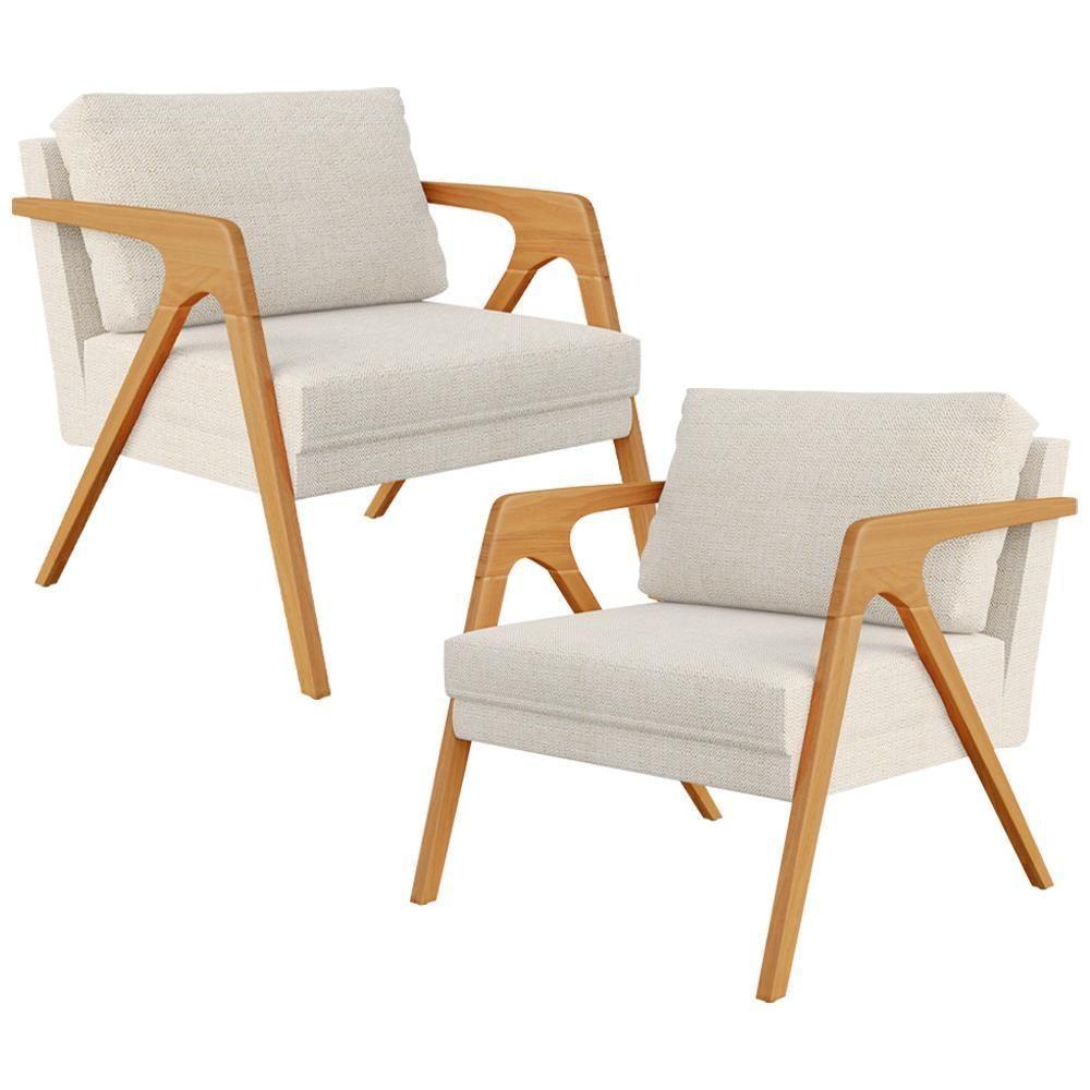 Kit 02 Poltronas Sala Estrutura L02 Linho Champagne - 1