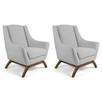 Kit 02 Poltronas Fixa Base De Madeira Linho Cru - 1