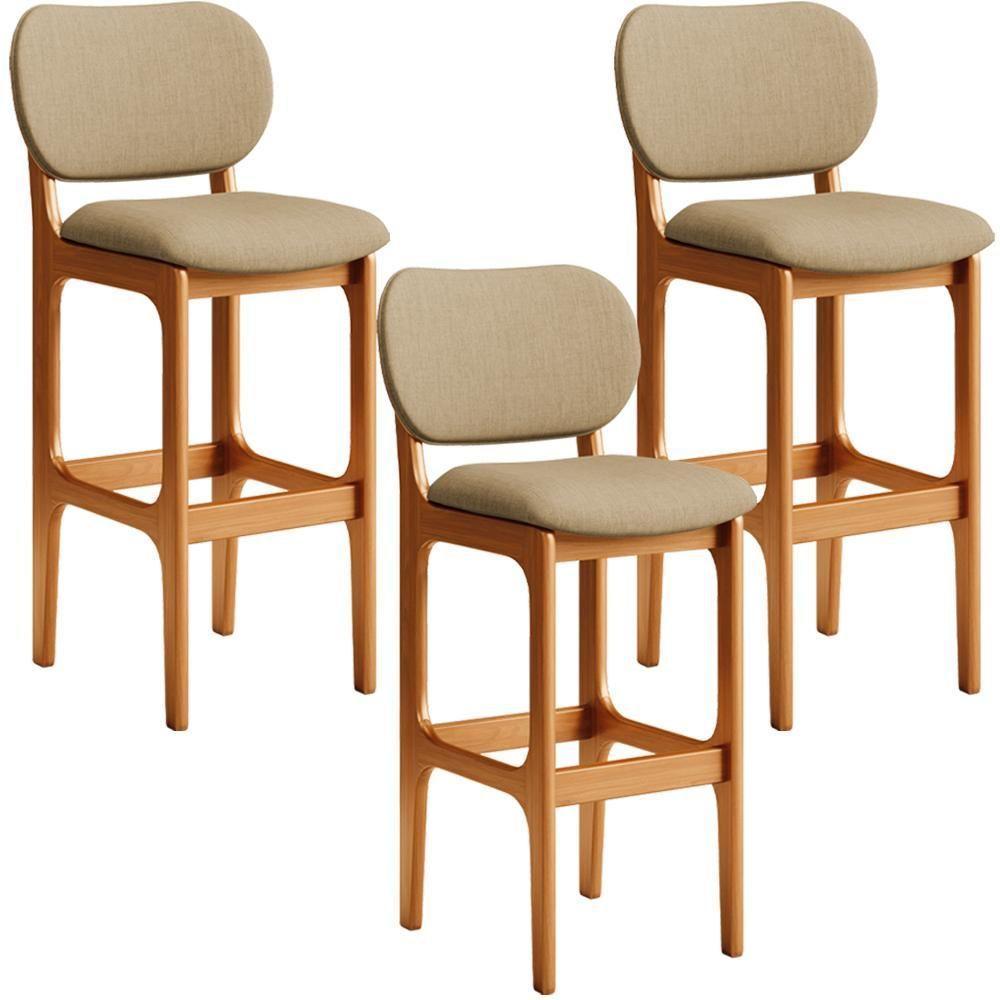 Kit 3 Banquetas Alta Betta Imbuia Linho Bege Escuro - 1